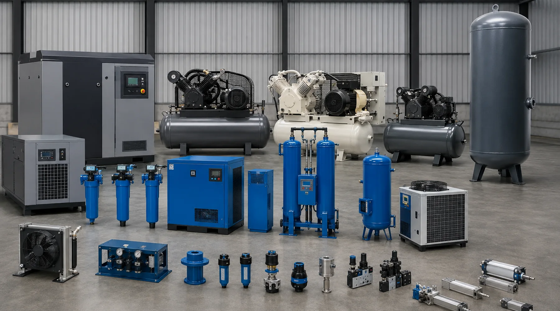 MDRM Hitachi compressed air product family lined up in a plant hall